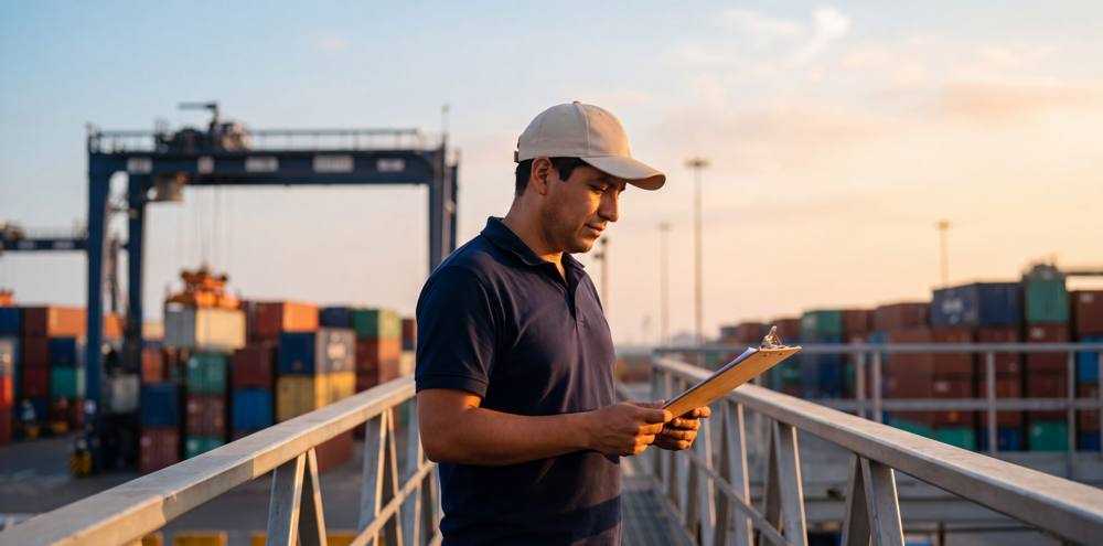 Supervisor revisando una lista en el terminal de contenedores del Callao