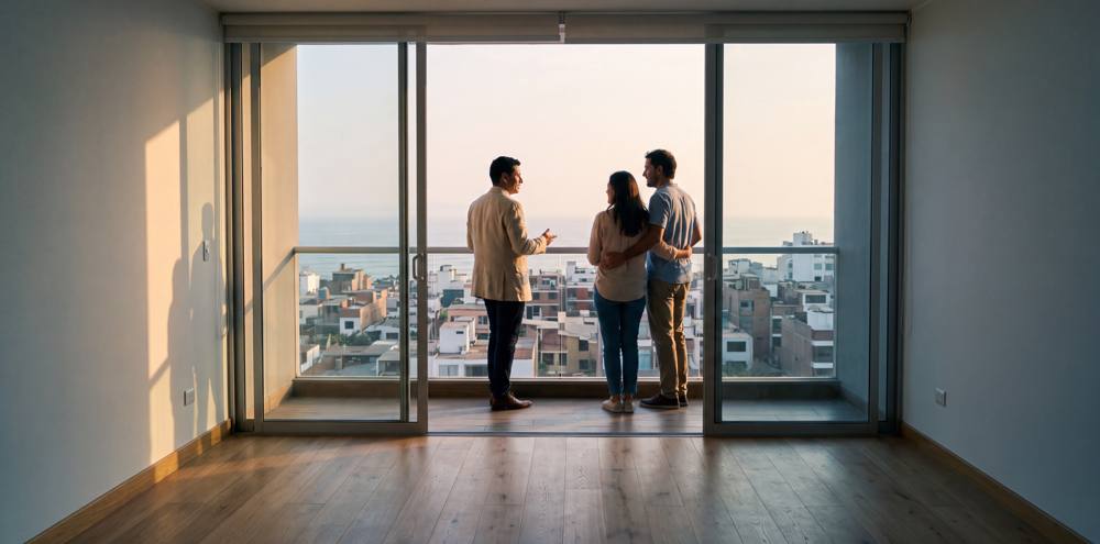Asesora inmobiliaria mostrando un departamento con vista al mar a una pareja