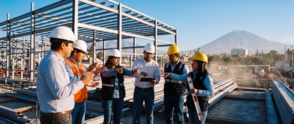 Equipo de obra revisando el avance de una estructura metálica en Arequipa